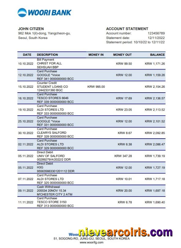 South Korea Woori bank statement xls